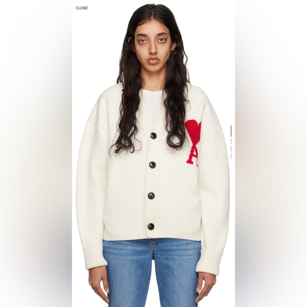 Ami Paris Off-White Ami De Coeur Cardigan, size M